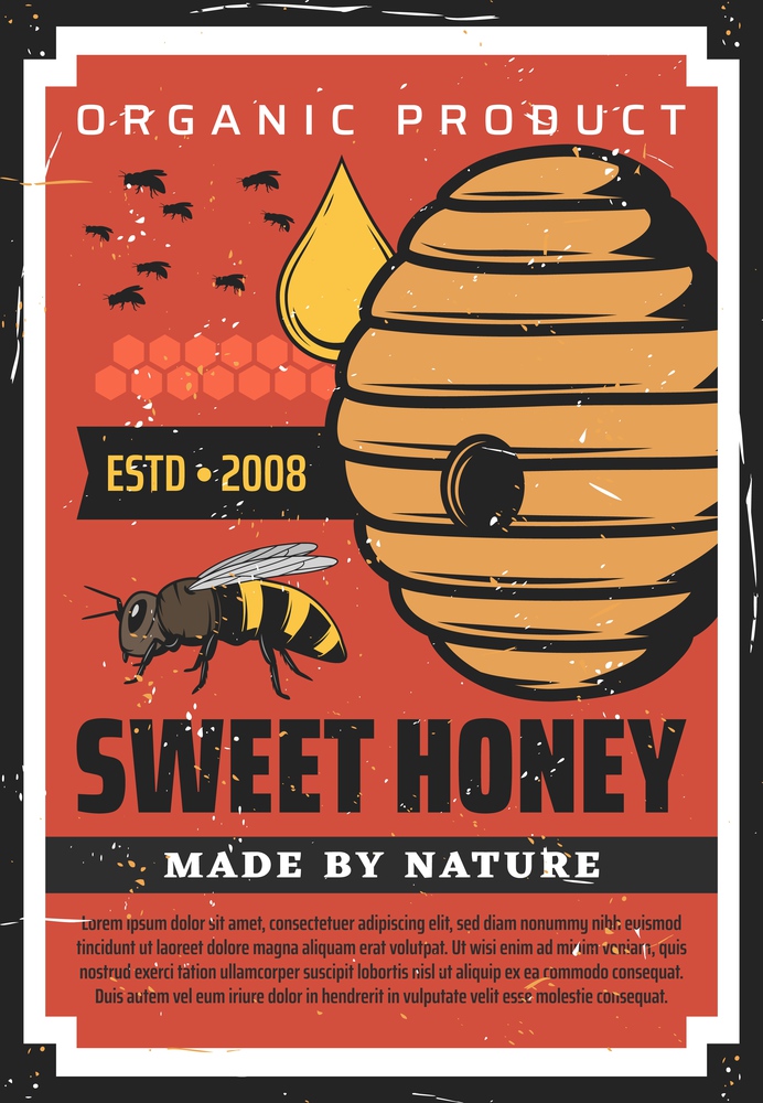 Apiary, beekeeping retro poster with wild bees flying at hive. Natural farm production made by nature, honey drop fall at beehive, vector organic apiculture, apiary product vintage grunge advertising. Apiary, beekeeping vintage poster with wild bees