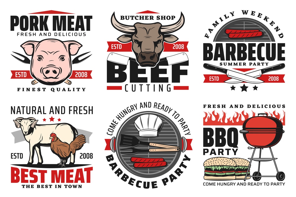 Barbeque meat, bbq icons, isolated vector signs with pork, chicken, mutton and beef sausages on grill. BBQ party symbols hamburger, butchers hat, turner and fork on grilling machine, fastfood. Barbeque meat, bbq vector icons and signs