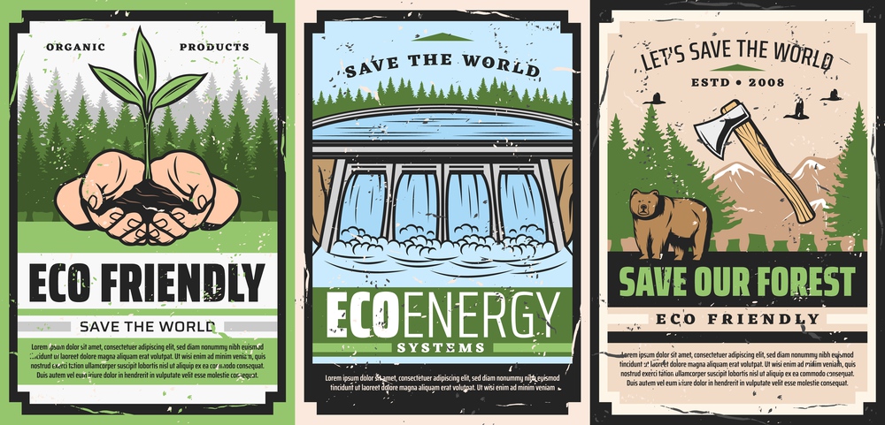 Ecology and environment protection, save the world and forest eco friendly retro posters, grunge vector design. Hands holding sprout, water dam hydroelectric station, wild bear animal and birds. Save the world environment protection retro poster