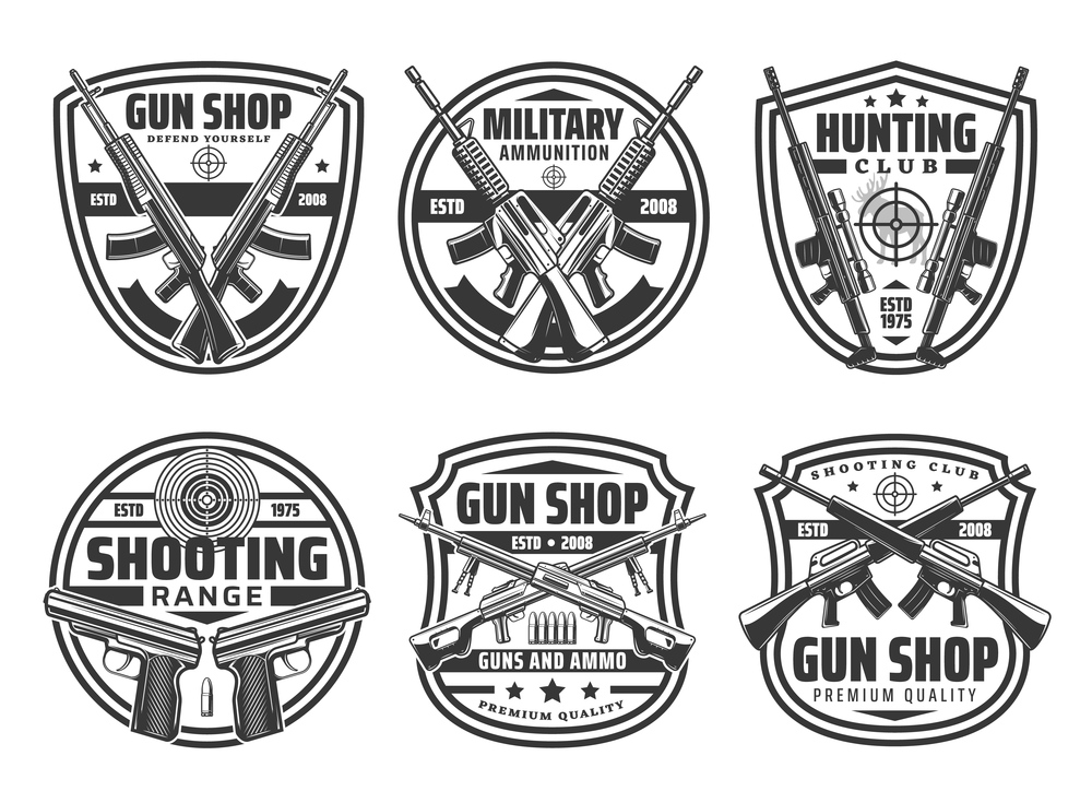 Shop gun heraldic icons set, rifles and handguns hunting ammo, vector store and hunt club equipment. Military ammunition, shotguns, revolvers, aims and targets, bullets. Self protection and defence. Shop gun icons, crossed rifles and pistols ammo