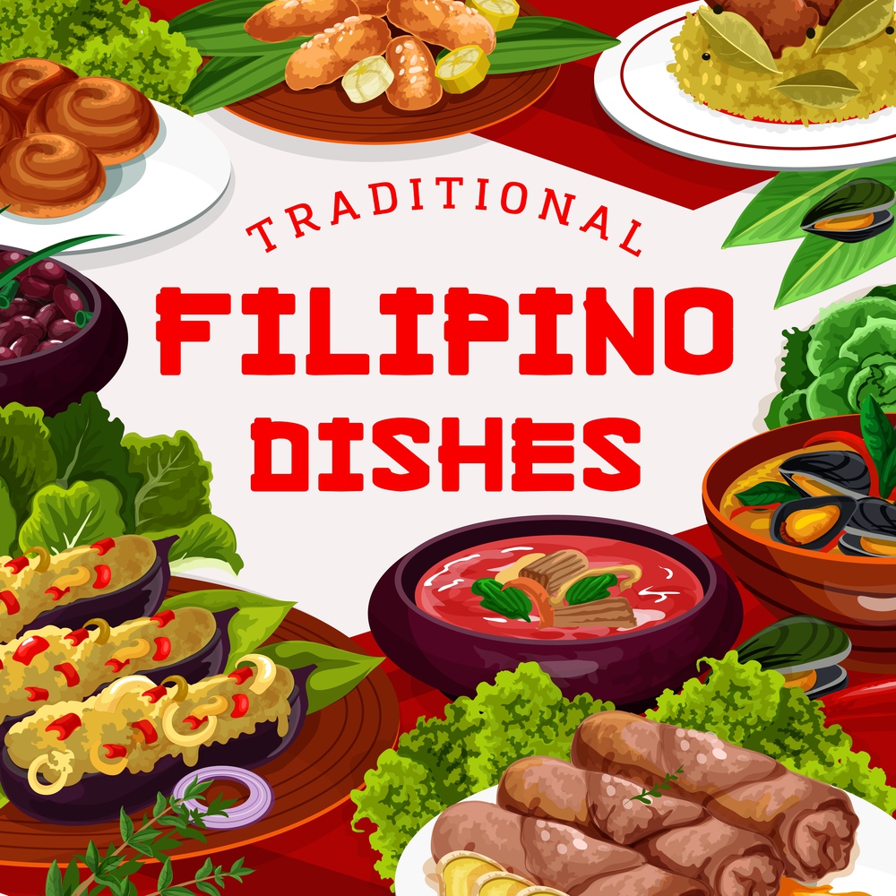 Filipino asian cuisine dishes, food vector poster. Pochero soup, mussels in coconut sauce, fried bananas in batter, adobo with chicken. Filipino lumpia, lump with meat, vegetable, dessert dishes. Filipino asian cuisine dishes vector poster