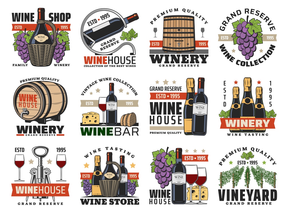 Wine, winemaking and viticulture isolated vector icons set. Shop, wine bottles, glasses and grapes, champagne, cheese, bread and vineyard vines. Alcohol drink and food snack, grand reserve labels. Wine, winemaking and viticulture vector icons set