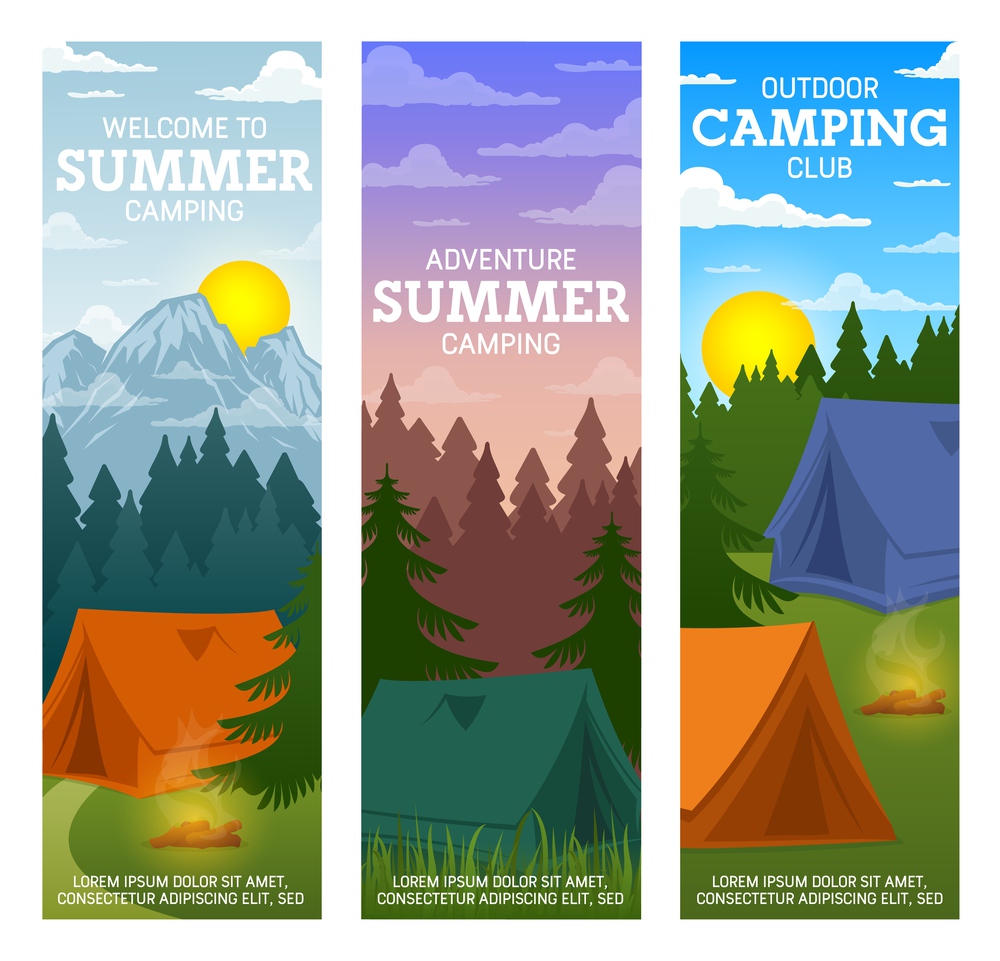 Summer camp vector banners, camping adventure club with tents and campfire on mountain and forest landscape background. Hiking, climbing and trekking outdoor tourism activity. Summer camp, travel and tourism