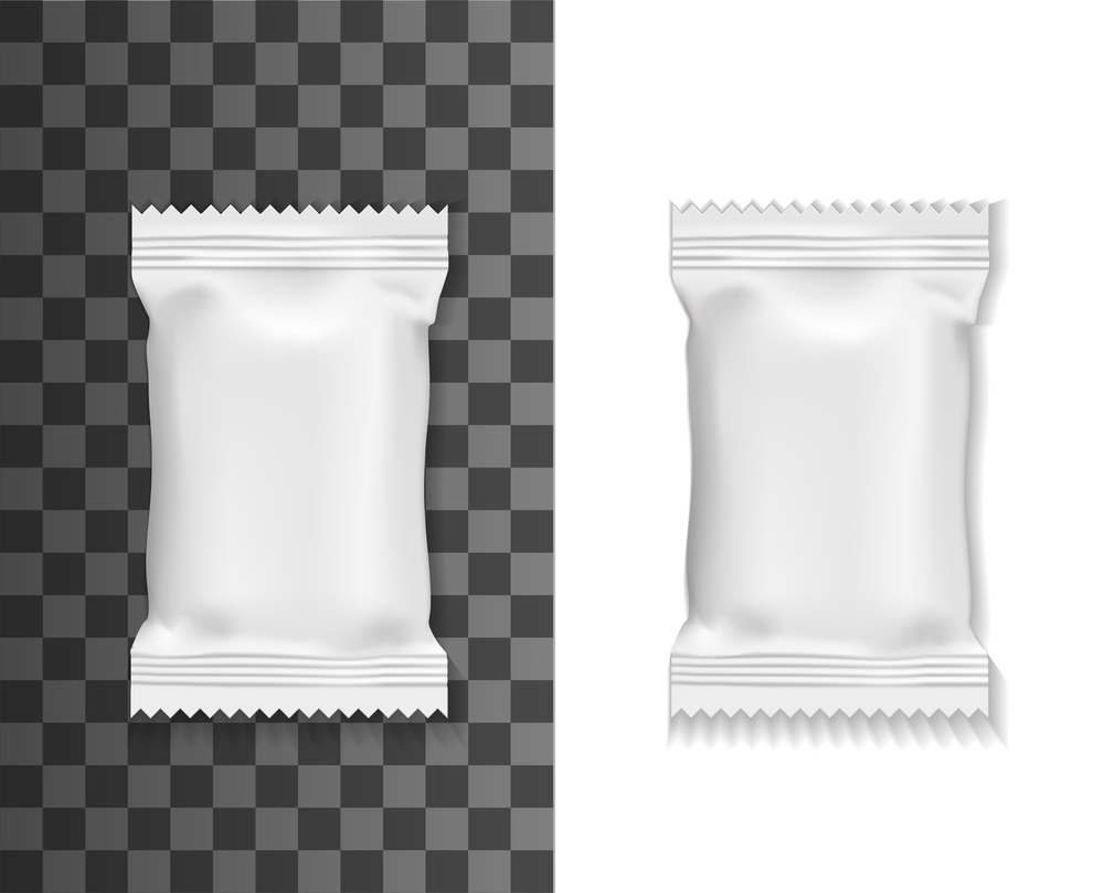 White pack mockup, sachet or pouch bag isolated 3d vector realistic blank package for food, wet towels or cosmetics. Foil, plastic or paper white rectangular packs, packaging object. White pack mockup, sachet or pouch bag