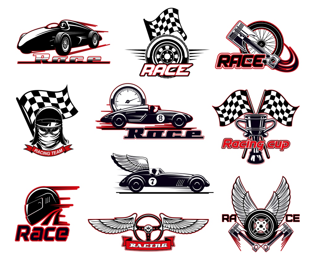 Car race, motor racing isolated vector icons set. Motorsport and racing sport club emblems. Sportcar bolid with burning flame and wings, speedometer and engine valve, rally race start flag. Car race, motor racing vector icons set