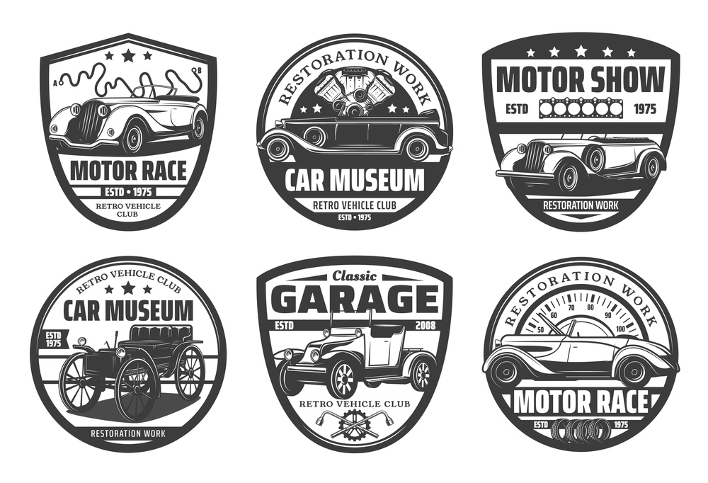 Retro cars, vintage vehicles isolated vector icons set. Vector motor race club signs, museum, retro auto repair service icons, restoration works service, old cars exhibition monochrome labels. Retro cars, vintage vehicles icons set