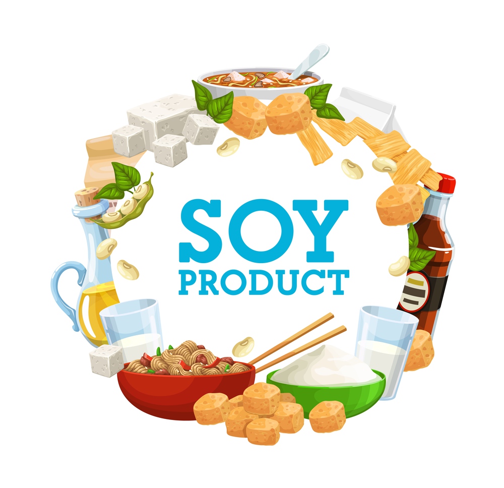 Soybean food and soy products vector banner. Vegetarian and vegan nutrition, soy sauce and tofu, milk and oil, natural protein meat and flour, cheese, noodles and miso soup asian cuisine round frame. Soy food products, soybean protein vegan nutrition