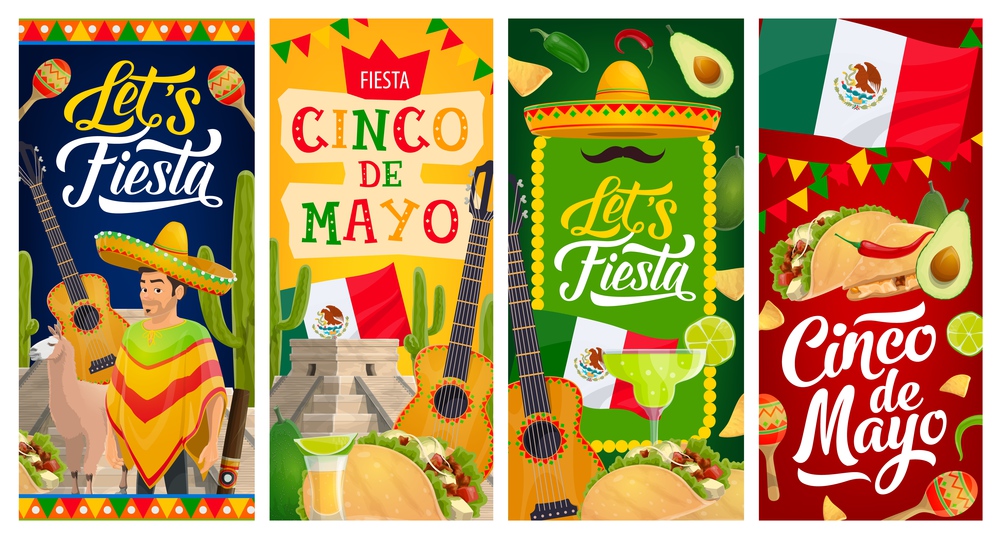 Cinco de Mayo fiesta party vector banners of Mexican holiday. Mexico sombrero hat, maracas and cactuses, chili peppers, Mexican flags, mariachi guitar, mustaches and cigar, margarita, tequila, tacos. Cinco de Mayo Mexican holiday fiesta banners