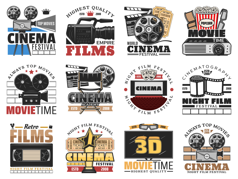 Cinema and movie theater, film making isolated icons vector set. Retro film reel, popcorn and 3d glasses, screen, camera and cinema tickets, director chair and clapperboard, videotape vintage icons. Cinema and movie theater, film making icons