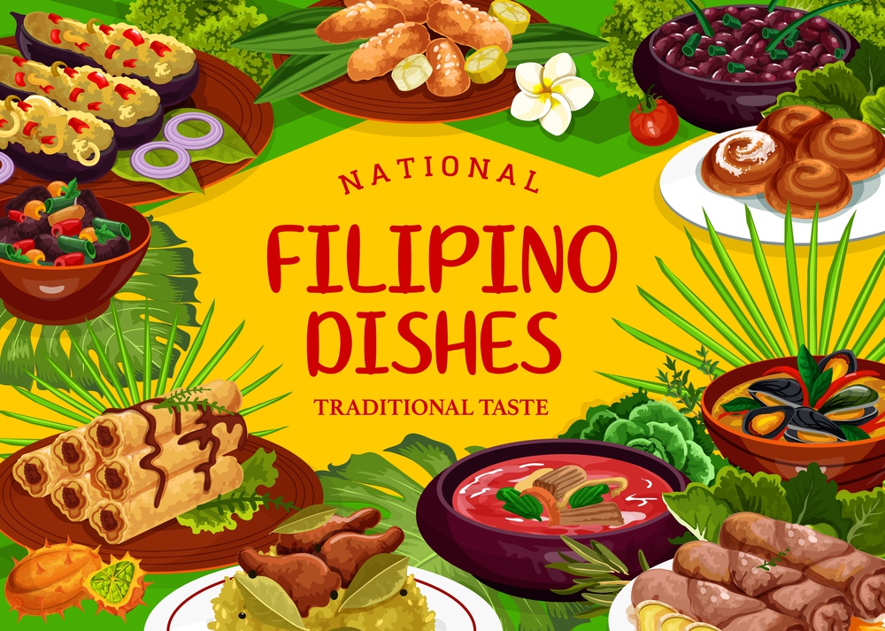 Filipino cuisine restaurant food dishes vector poster. Pochero soup, fried bananas in batter, adobo with chicken, mussels in coconut sauce. Filipino lumpia, lump with meat, vegetable, dessert fruits. Filipino cuisine restaurant food dishes