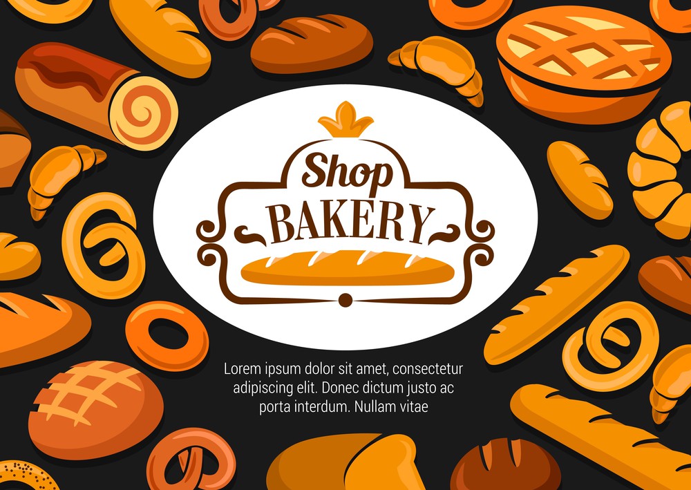 Bakery shop, bread and pastry vector poster. Baker shop assortment with pies, bagels and buns, tasty rye bread and sweet dessert donut, croissant and french baguette, pretzel. Bakery shop, pastry and bread poster