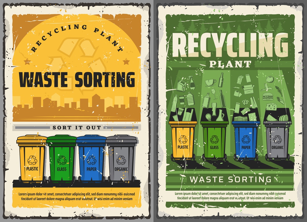 Wastes sorting and garbage recycling retro posters. Vector waste bins for litter segregation. Glass, paper, plastic and organic rubbish bio refuse recycle disposal containers, ecology conservation. Wastes sorting and garbage recycling