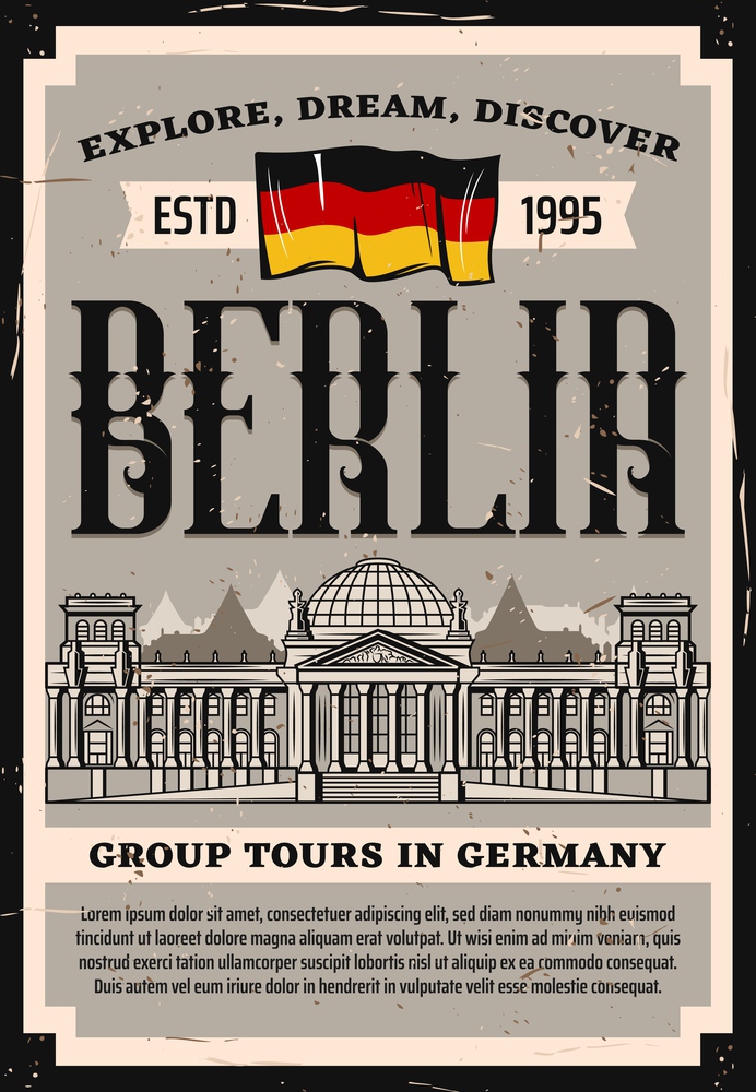 Germany Reichstag travel landmark vector retro poster with Bundestag building and national flag. City group tours and landmark sightseeing, vintage card of traveling agency, architecture. Germany Reichstag travel landmark vector poster