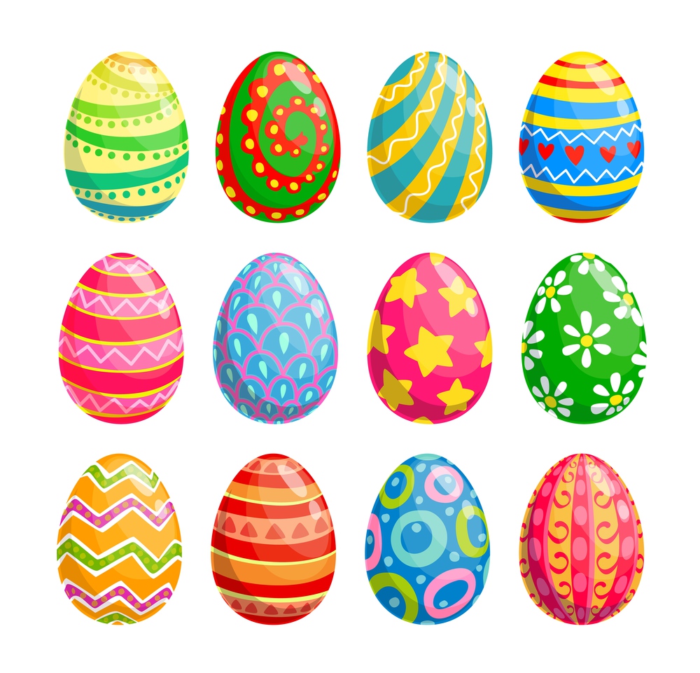 Easter egg isolated icons of religion holiday and egghunting vector design. Spring season painted eggs, decorated with colorful pattern of flower, stars and hearts, ornaments of stripes and dots. Easter egg icons, religion holiday and egghunting