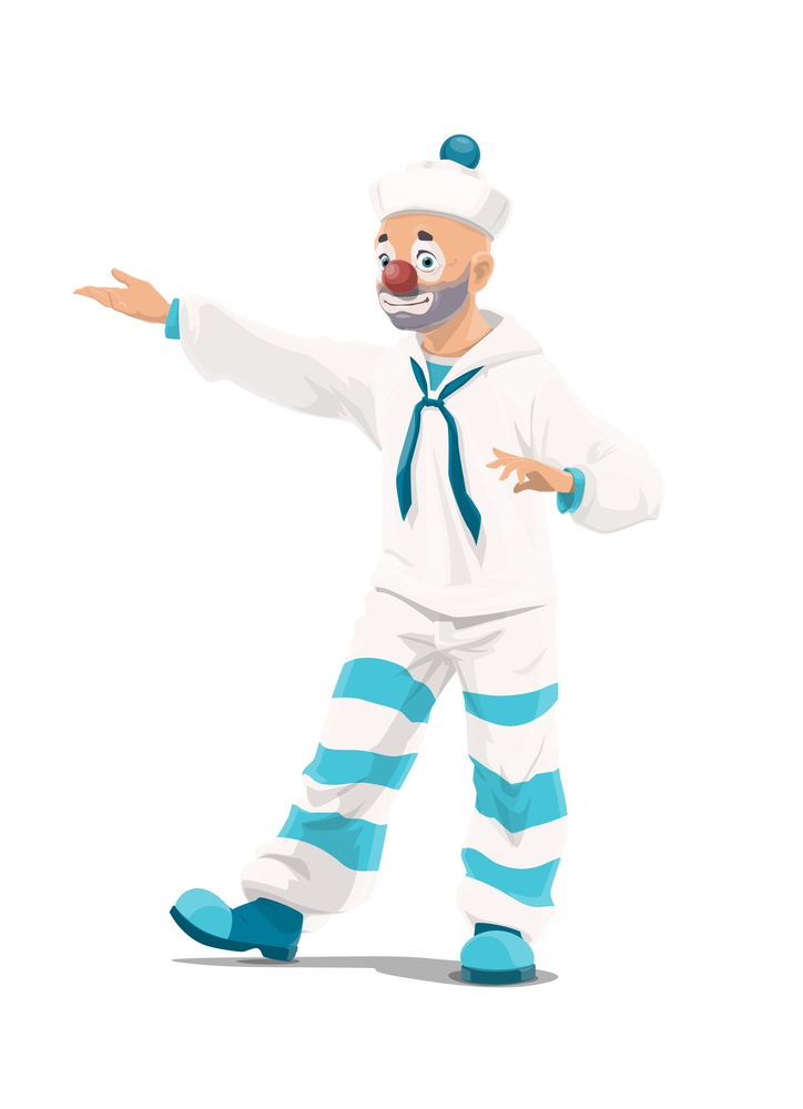 Circus cartoon clown sailor vector chapiteau performer. Carnival show joker or comedian cartoon clown character with sailorman costume, white hat and blue collar performing comedy show. Circus or chapiteau clown with sailor costume