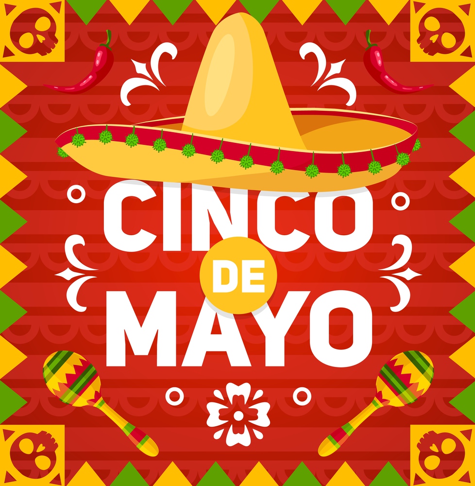 Cinco de Mayo holiday mexican sombrero and maracas. Vector Mexico fiesta hat, chilli peppers and maracas in frame of Mexican ornaments and calavera skulls, red, yellow and green geometric pattern. Cinco de Mayo holiday sombrero, maracas