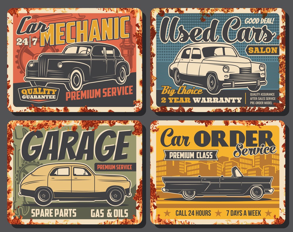 Retro car rusty metal banners of auto service and mechanic garage, gas, oil and spare parts shop vector design. Vintage vehicles of sedan and cabriolet, wrench, spanner, spark plug and mechanical gear. Retro car spare parts, wrench and spark plug