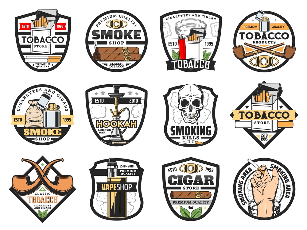 Tobacco store badges with vector cigarette packs, cigars and smoking pipes. Tobacco leaf, bag and smoking skull, ashtray, lighter and hookah, vape, smoker hand and cigar cutter emblems design. Cigarette, cigar, tobacco, ashtray, lighter icons
