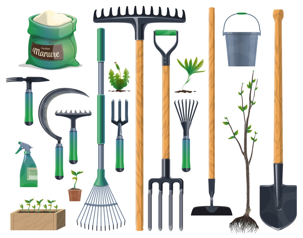 Garden tools and gardening equipment with plants, agriculture and farming. Vector shovel, rake and spade, flower pot, trowel, pitchfork and bucket, water sprayer, tree and seedling box, weeds and hoe. Tools and equipment of gardening and agriculture