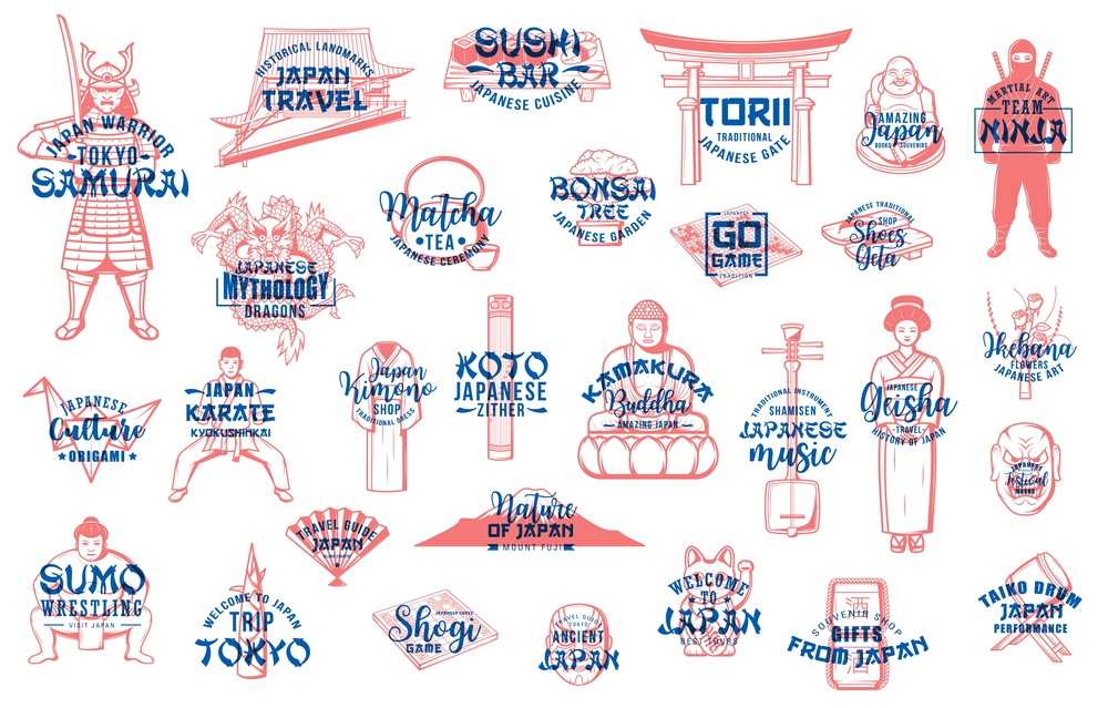 Japan travel, food, culture, sport vector icons with letterings. Sketches of Japanese sushi, fuji mountain, bonsai and fan, origami, tea ceremony and dragon, Buddha, geisha kimono, sumo and pagoda. Japan icons of culture, travel, food and sport