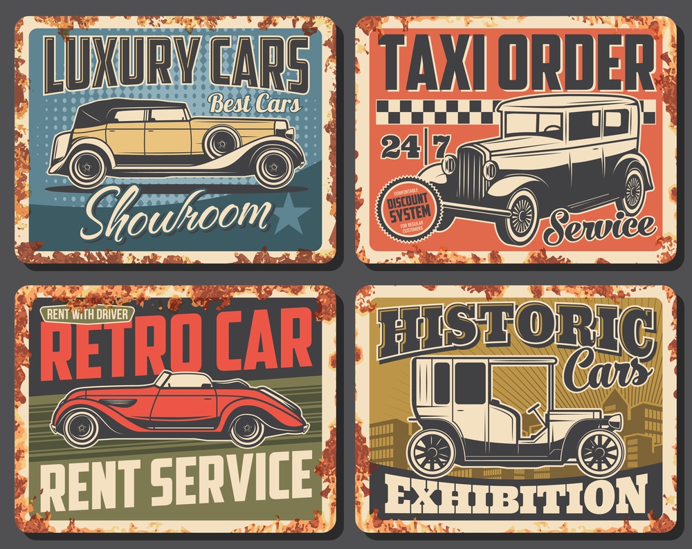 Retro car and vintage auto rusty metal signs. Vector old vehicles rental and taxi service, antique automobiles museum exhibition and showroom with classic models of cabriolet, minivan and limousine. Retro car rusty signs with vintage auto vehicles
