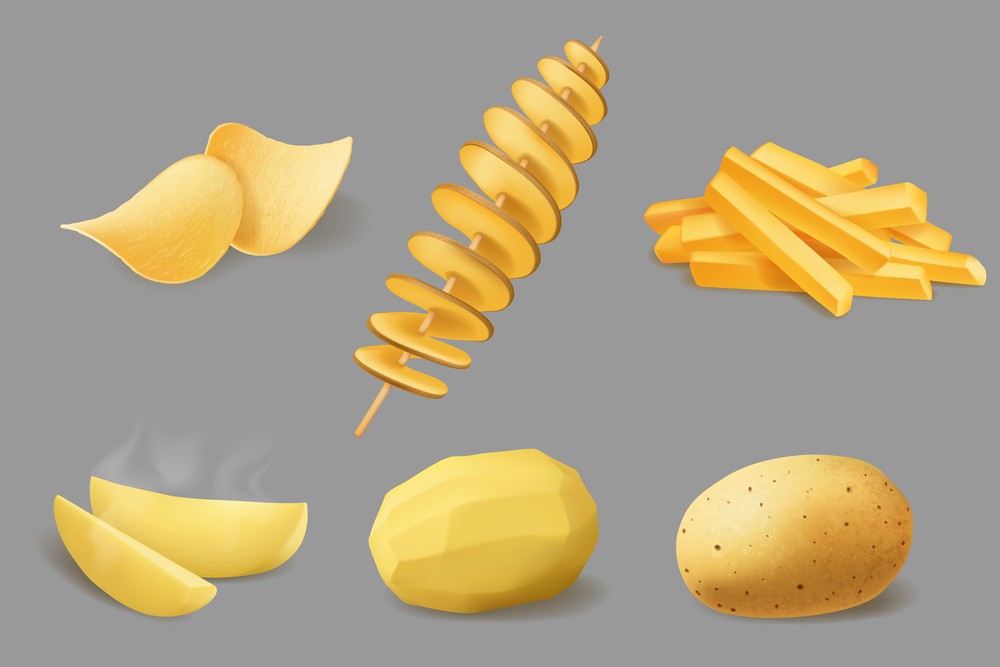 Potato vegetable food realistic design of vector potato chips, french fries and fried tornado swirls, boiled slices and baked wedges, peeled and raw tubes. Vegetable snack food design. Potato chips, fries and tornado, realistic food