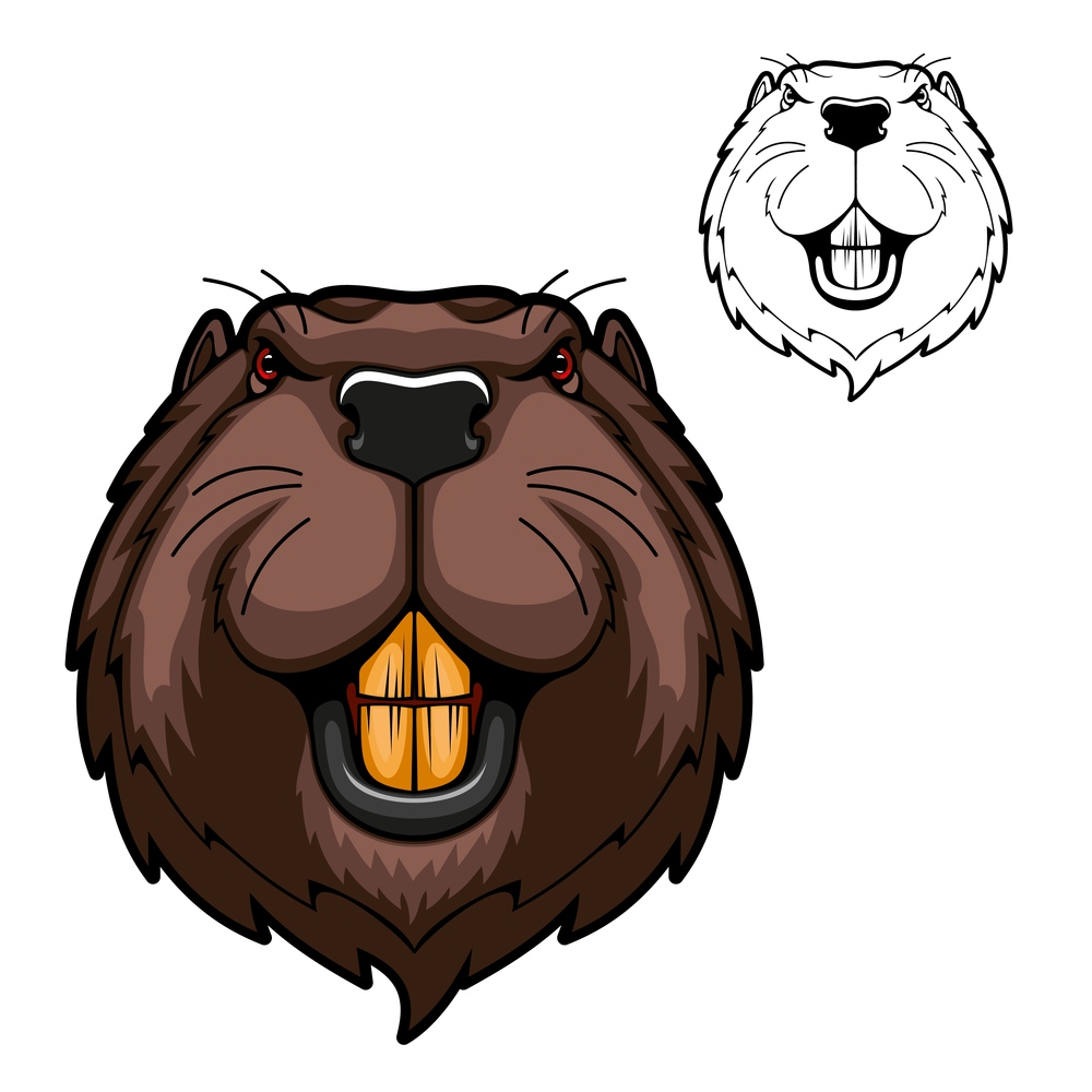 Beaver animal head vector mascot of hunting and sport design. Wild rodent mammal with bared teeth, red eyes and brown fur on angry muzzle. Canadian or American beaver symbol of hunter club, zoo, team. Beaver mascot of rodent animal head with teeth