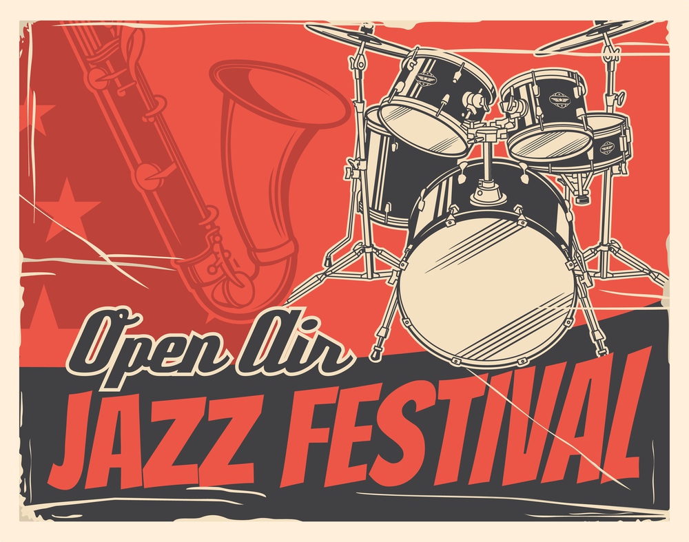 Jazz music festival or concert vector poster with musical instruments. Saxophone and drum set invitation design of music event, open air party, jazz club live music show or blues fest. Jazz musical instruments poster of music festival
