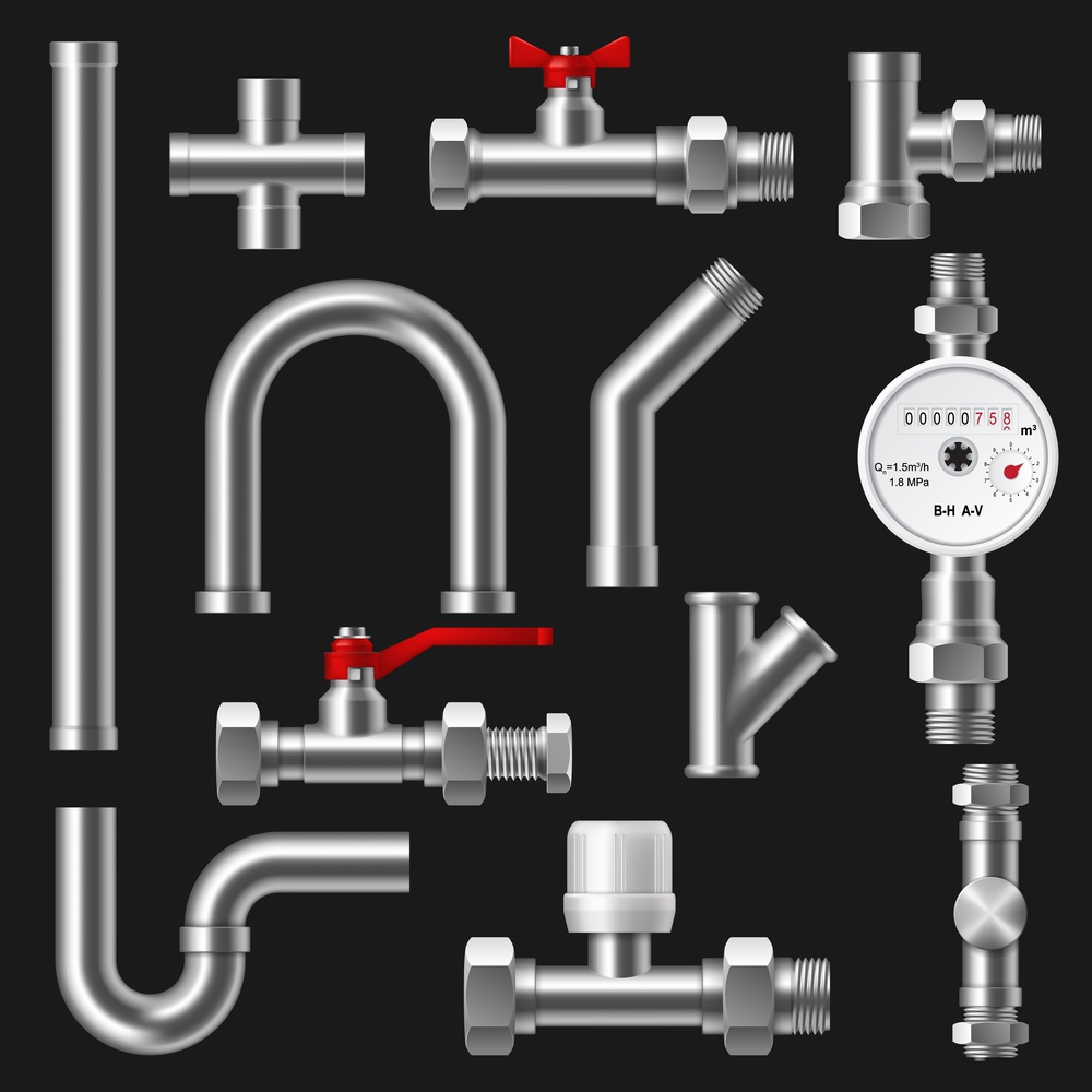 Plumbing pipes, pipeline parts of water supply and drain system 3d vector design of construction industry. Realistic metal tubes, valves and faucets, taps, steel fixtures, connectors and flow meter. Pipes and pipeline tubes. Plumbing or water supply