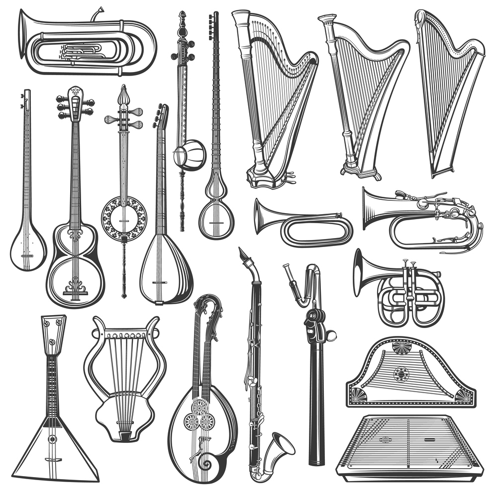 Musical instruments, vector sketch. Isolated harps, tuba, bugle and clarinet, trumpet, vintage lyre, balalaika and gusli, cornet and cymbalo, tar and saz, kamancheh and tanbur, music objects. Musical instruments isolated sketch. Music objects