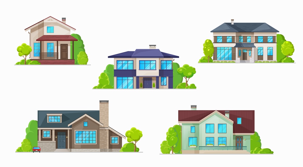 Real estate building vector icons of residential houses, homes and cottages, bungalows, townhouses, villas and mansions. Village and town two storey houses with doors, windows, roofs and chimneys. House, home, cottage icons, real estate buildings