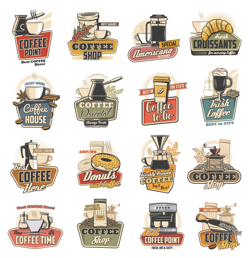 Coffee shop and cafe retro icons with vector cups, espresso machine and desserts. Cappuccino and latte mugs, coffee pot and grinder with beans, croissant, donuts and takeaway paper cup of hot beverage. Coffee cup, mug, espresso machine and bean icons