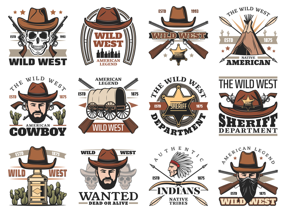 Wild West cowboy skull and sheriff with hat and gun vector icons. Western bandits, ranger stars and indian chief, native american arrows and bow, horseshoe, covered wagon, teepee and tequila. Cowboy and western sheriff skulls. Wild West icons