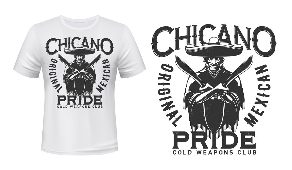 Mexican bandit with knives t-shirt print mockup of bladed weapon or cold arms vector design. Mexican gangster with machetes, sombrero and poncho, custom apparel print template for melee weapon club. Mexican bandit with cold weapons t-shirt print