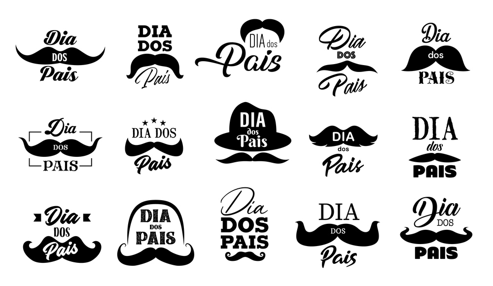 Fathers Day mustache and hat vector icons with Dad holiday lettering quotes in Portuguese. Dia dos Pais hand drawn font greeting cards with hipsters moustaches and retro bowler caps. Mustache and hat vector icons, Fathers Day holiday