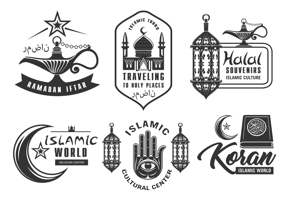 Muslim culture and isolam religion vector icon symbols. Islam culture center and Koran pilgrimage worship, Halal souvenirs shop and Ramadan Kareem iftar holiday, holy places travel icons. Muslim culture, Islam religion icons