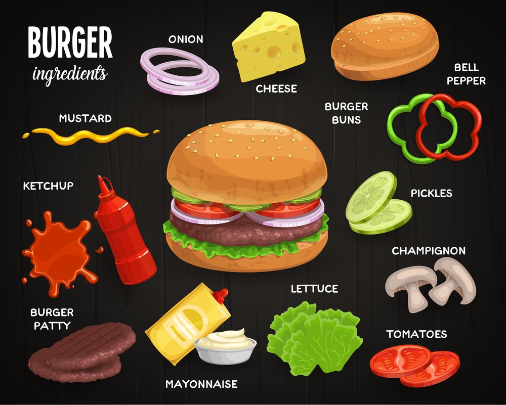 Burger ingredients, fast food sandwich menu, vector icons. Fastfood cheeseburger and hamburger ingredients, meat patty, cheese and buns, mushrooms, pepper and lettuce with ketchup and mayonnaise. Fast food ingredients for hamburger, cheeseburger