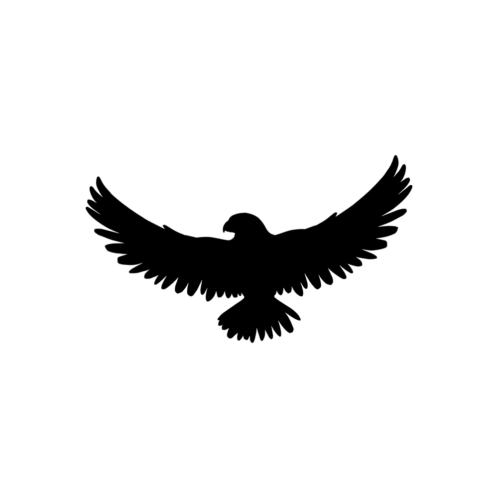 Dark bird with wide spread wings isolated heraldic symbol. Vector falcon, eagle or hawk. Eagle with spread wings, black bird silhouette