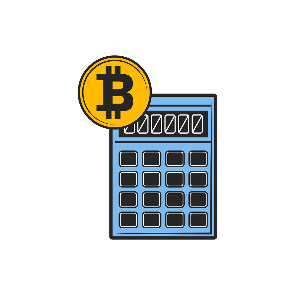 Calculations of cryptocurrency isolated calculator and bitcoin sign. Vector accounting of profit. Calculator and bitcoin sign, crypto calculation