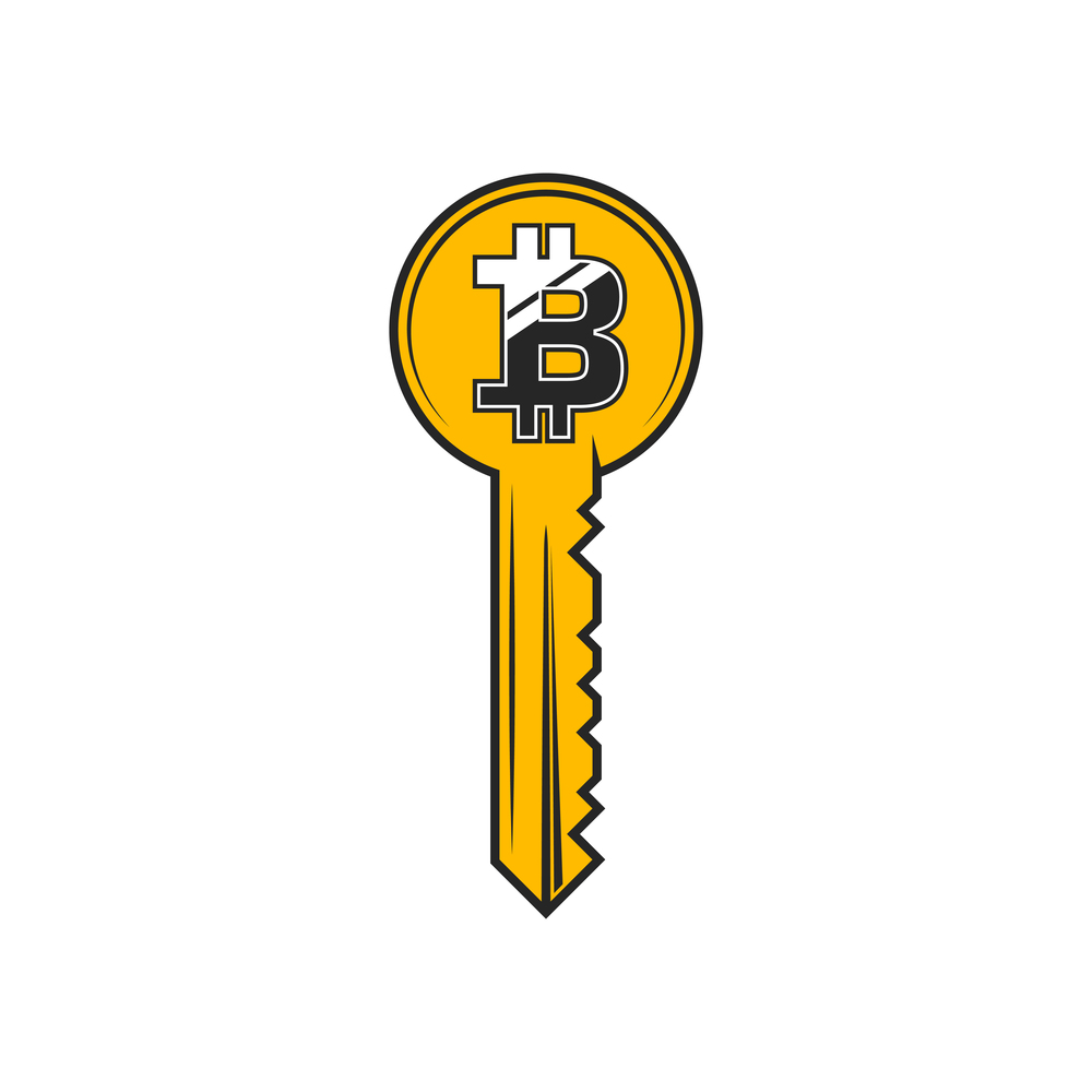 Golden key with bitcoin sign isolated symbol of cryptocurrency protection. Vector security and safety sign. Cryptocurrency safety sign isolated key, bitcoin