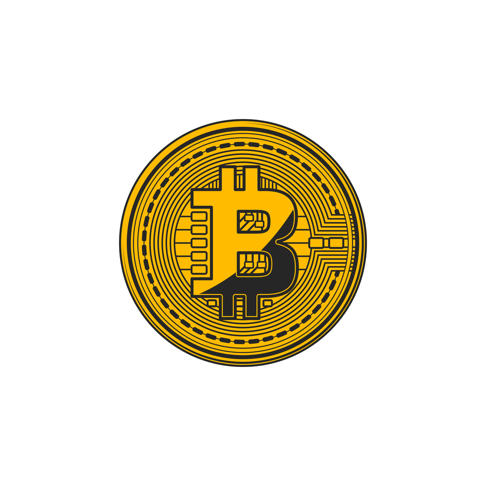Golden coin of bitcoin money isolated btc sign. Vector internet currency, virtual banking. Bitcoin cryptocurrency, coin digital money symbol