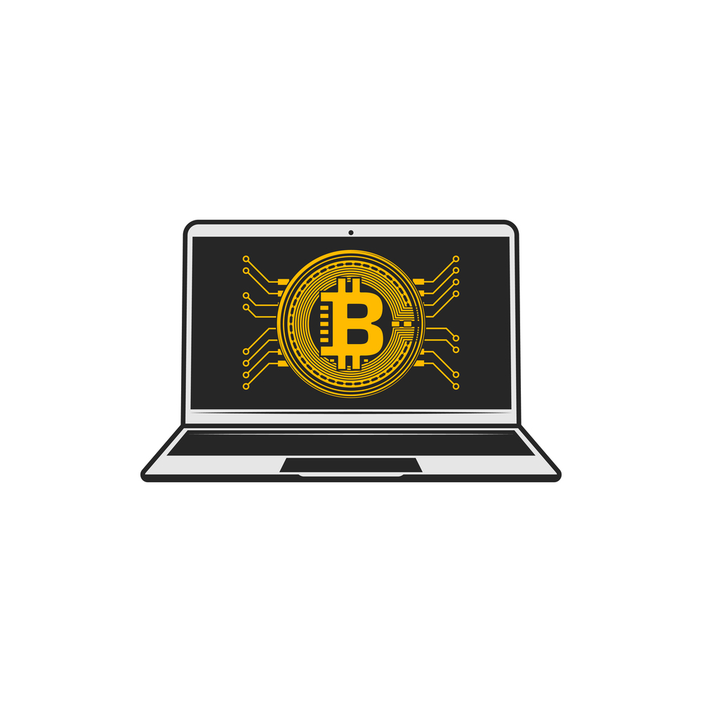 Cryptocurrency, bitcoin and blockchain sign on laptop screen. Vector virtual money mining in Internet. Notebook with bitcoin sign, cryptocurrency data
