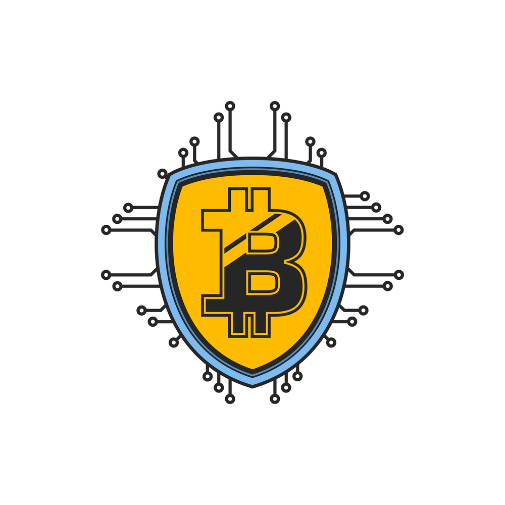Bitcoin transactions, btc sign on shield and blockchains. Vector cryptography and database logo. Cryptocurrency data, bitcoin transactions logo