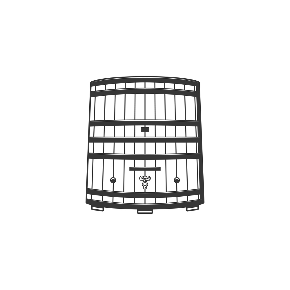 Wine barrel with tap isolated monochrome icon. Vector container with beer, oak keg, brewery symbol. Barrel with tap to store wine or beer isolated keg
