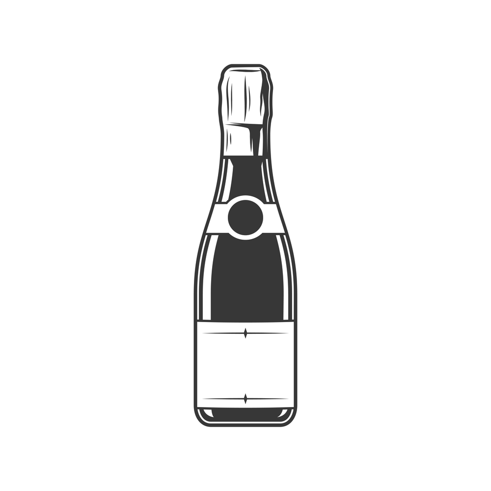 Champagne bottle isolated winery shop monochrome alcohol drink. Vector wine, winery product. Winery and wine shop, bottle of champagne wine