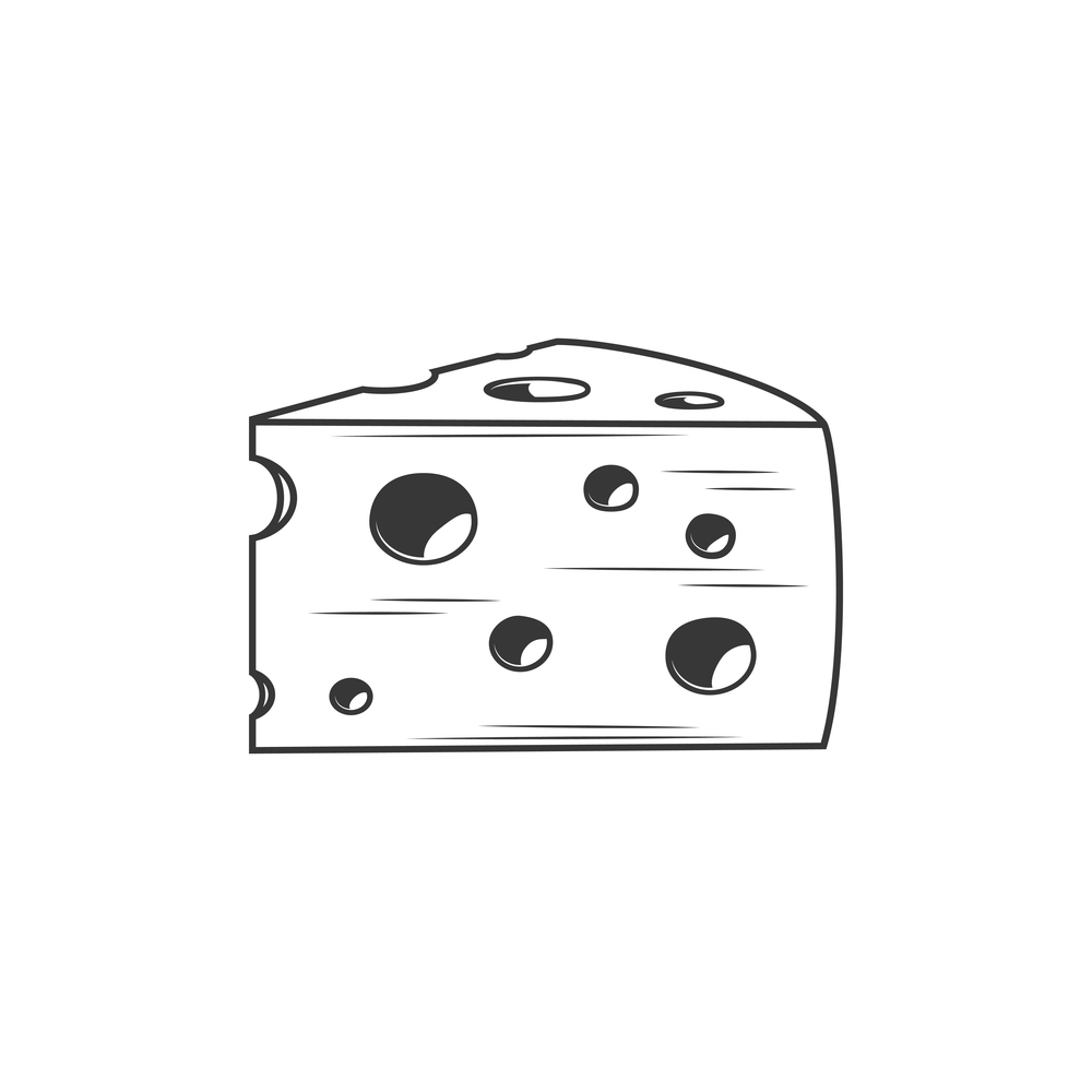 Swiss cheese with holes isolated monochrome icon. Vector dairy food snack cheddar or maasdam, edam. Cheddar cheese with holes isolated edam maasdam