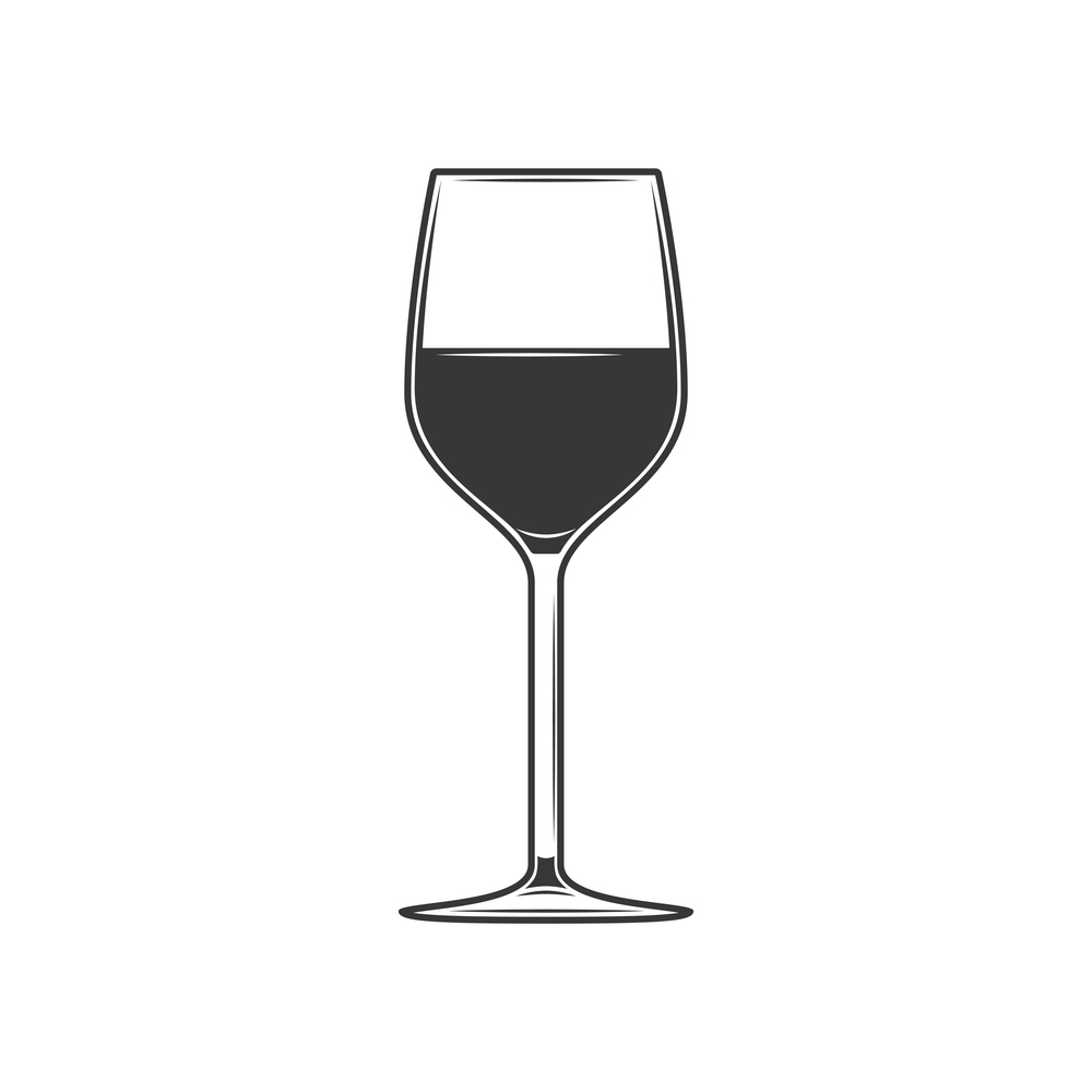 Glass of wine isolated monochrome glassware with alcohol drink. Vector wineglass with champagne. Red wine in glass isolated vector alcohol drink