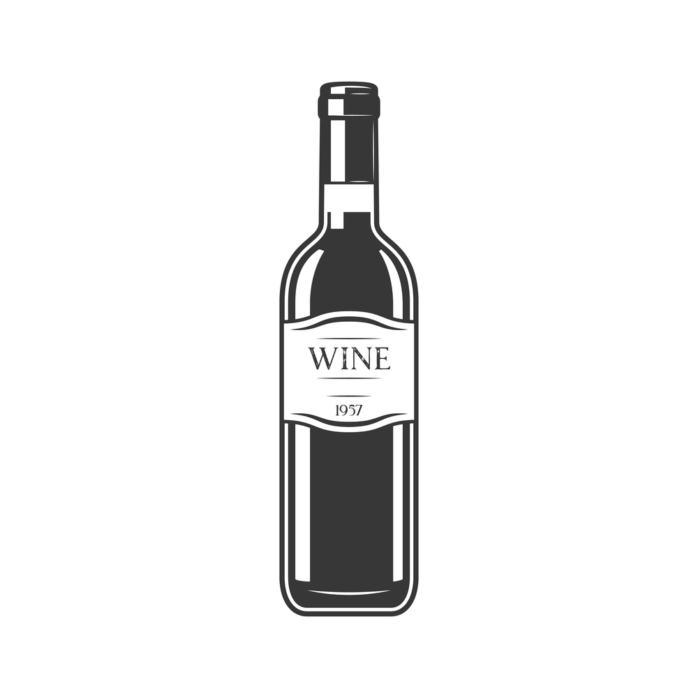 Retro wine bottle isolated monochrome alcohol drink. Vector elite winery product, burgundy merlot. Elite wine in bottle isolated winery product