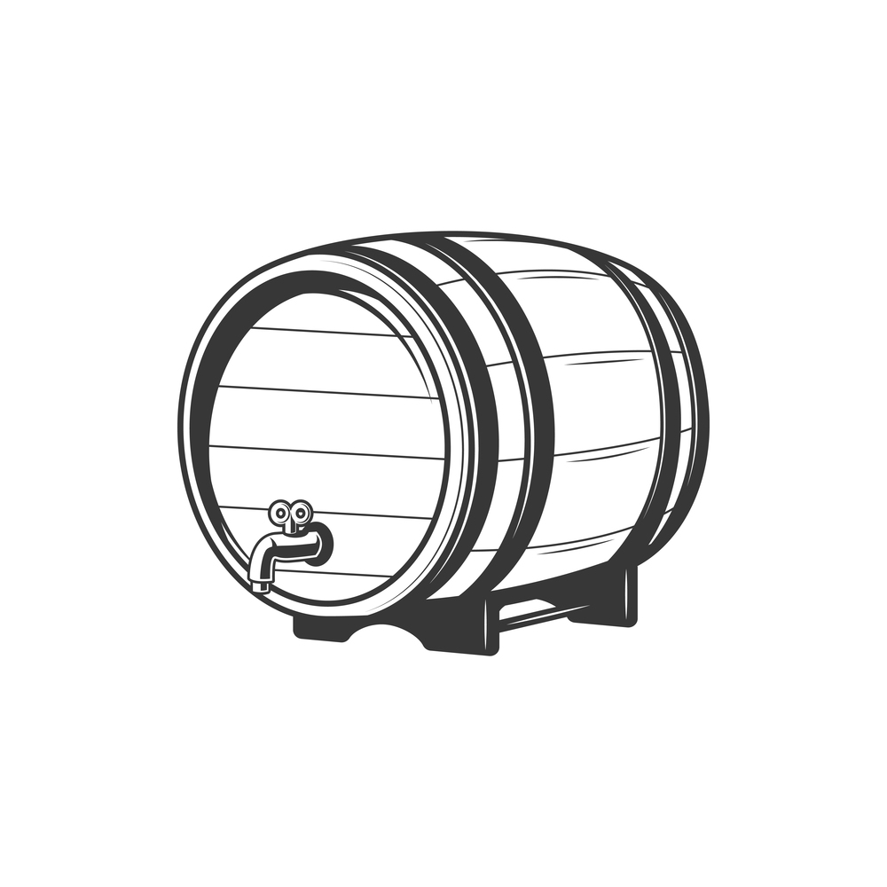 Wooden oak keg with wine or beer isolated monochrome container. Vector barrel with tap. Barrel with tap, wine or beer alcohol drinks keg