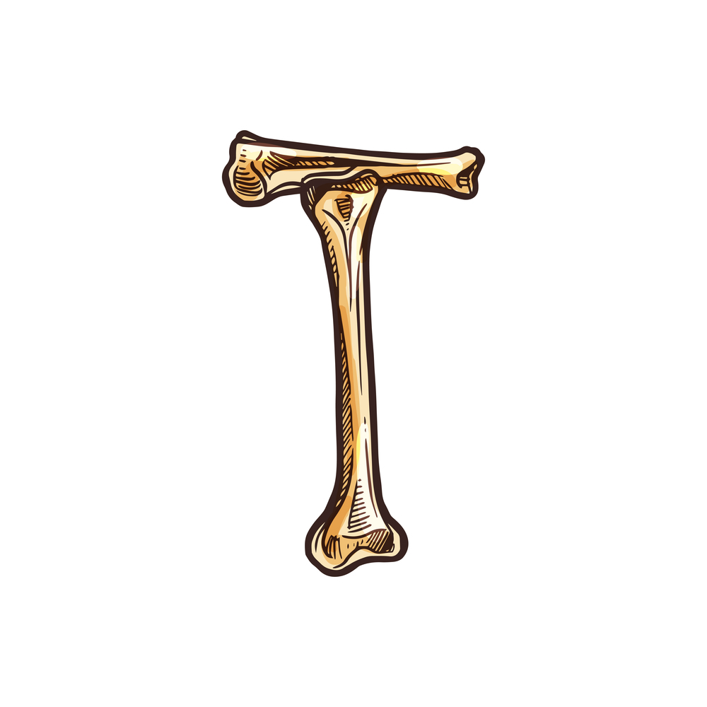 T letter of human bones isolated ABC symbol. Vector capital t, dia de los muertos typography. Human bones in shape of T letter ABC alphabet sign